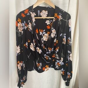 Free People Medium Faux Wrap Top with Peplum, Balloon Sleeves. Black Floral‎